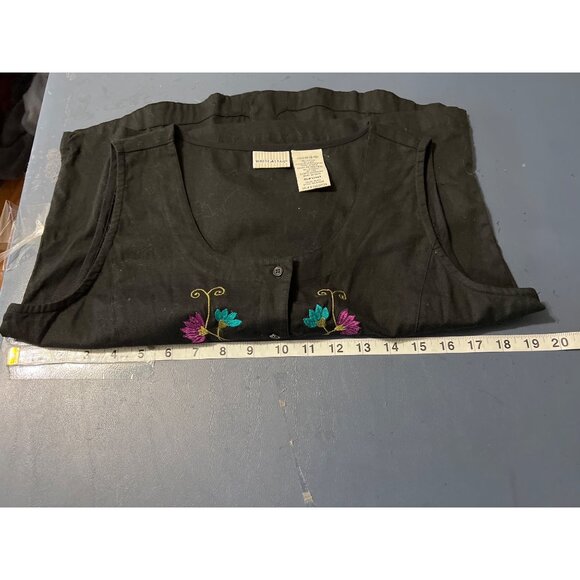 Linen Blend Black Embroidered Button-Up Top M 8/10 Beach Lagenlook Boho Western - Picture 3 of 8